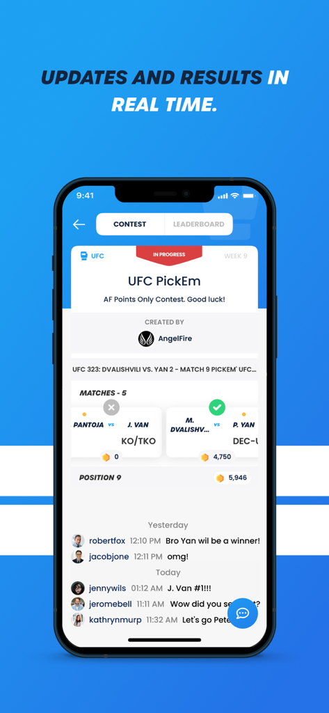 AngelFire Games app screen displaying real-time sports contest results and social chat.