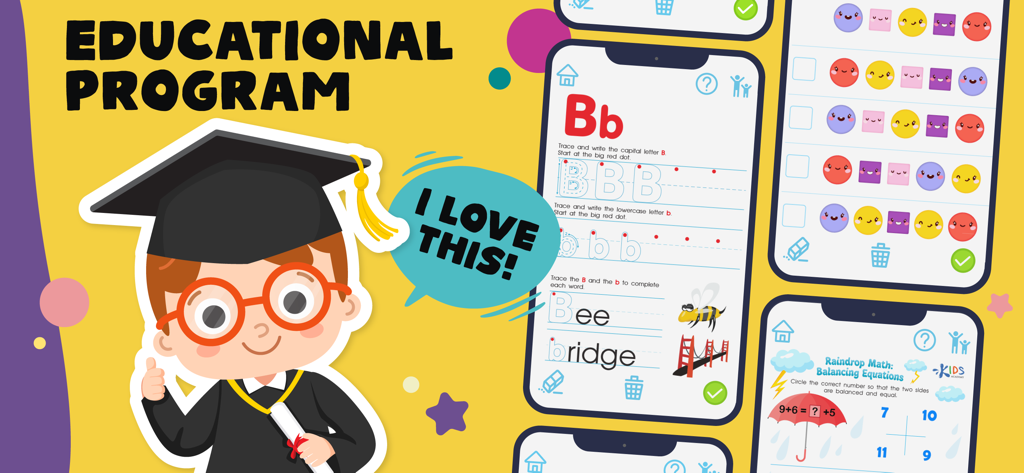 Kids Academy Learning Games - Vorschau des Bildungsprogramms von Kids Academy mit einem Cartoon-Absolventen und mobilen Bildschirmen, die Alphabet-Nachzeichnen, Formenabgleich und Mathespiele zeigen.