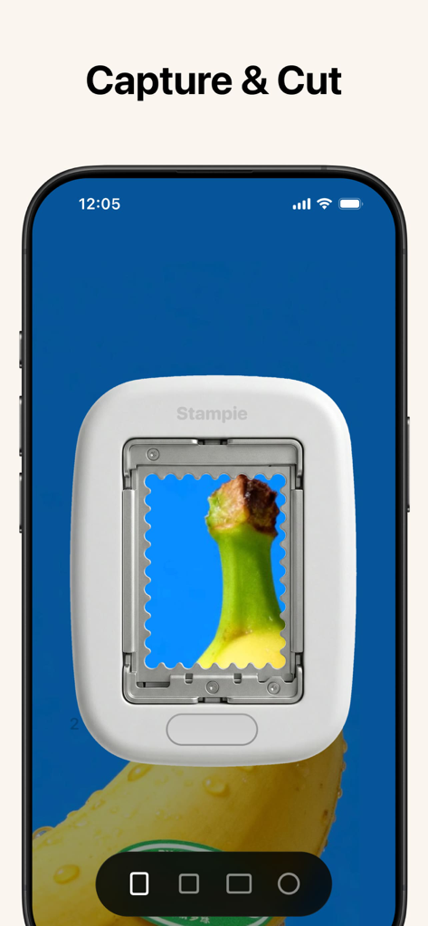 Stampie - Photo Stamps - A smartphone showing the Stampie app interface framing a photo of a banana into a stamp shape with perforated edges.
