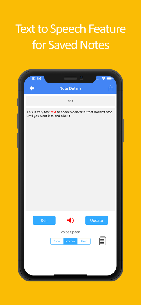 Speech to Text Voice Typing - Pantalla de smartphone que muestra la función de texto a voz para notas guardadas en la aplicación Dictado por Voz de Voz a Texto.