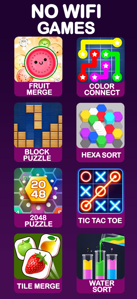 Fun Offline: No Internet Games - Una collezione di mini giochi offline tra cui Hexa Sort Water Sort e Tic Tac Toe.