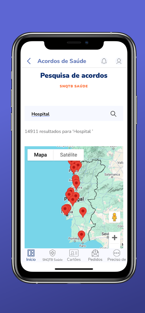 SNQTB - A map of Portugal showing health provider locations in the SNQTB app