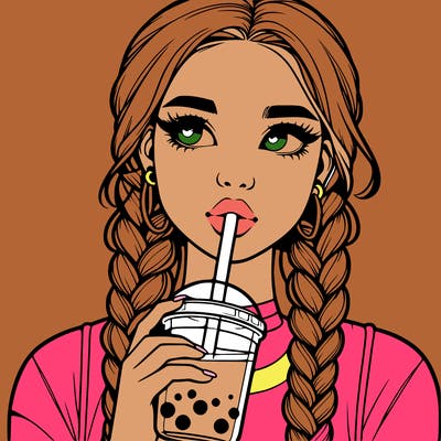 realistic girl with braided hair drinking boba