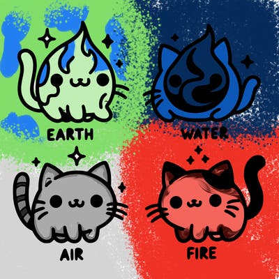 4 cats that represent the different elements, earth, water, air, and fire