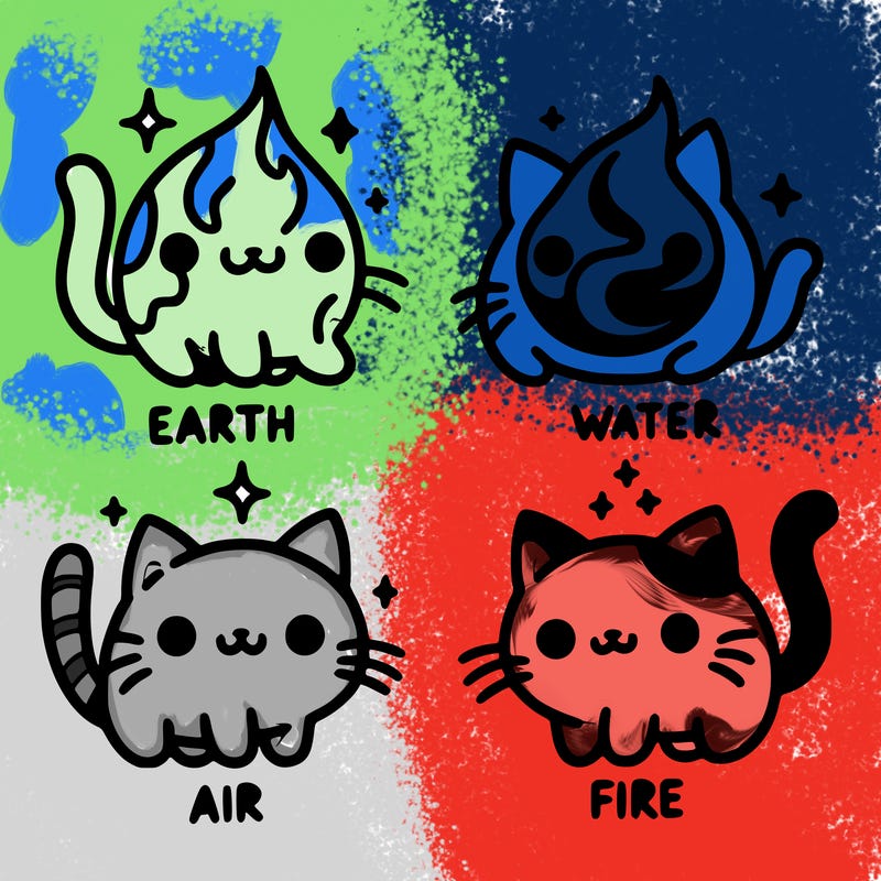 4 cats that represent the different elements, earth, water, air, and fire