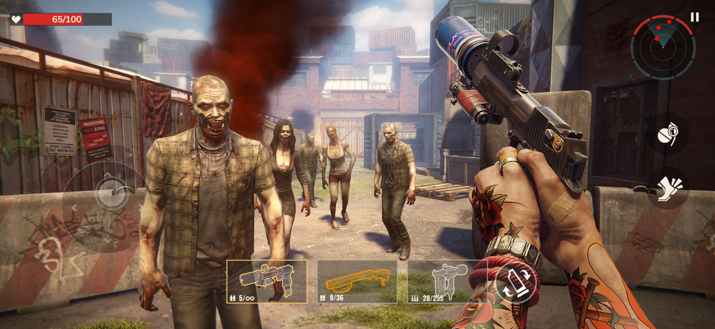 First person view of a character with tattooed arms aiming a pistol at approaching zombies