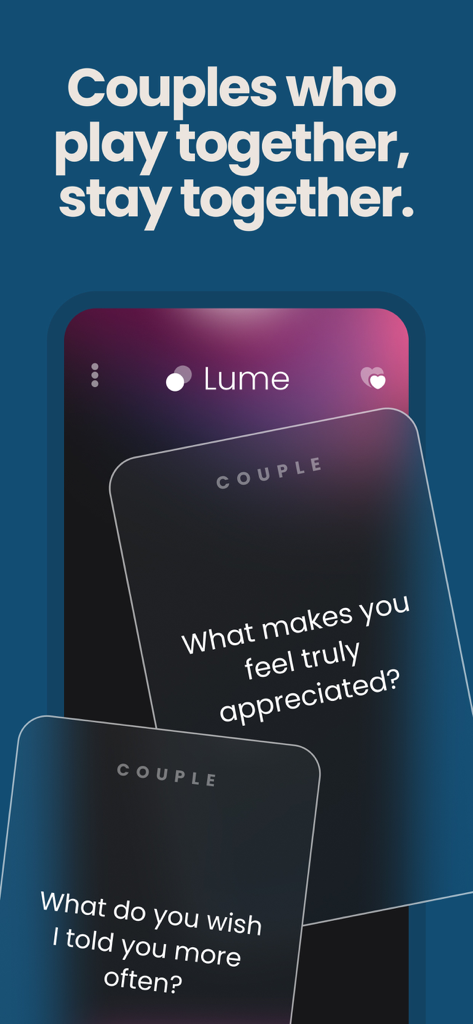 Valentines Day Games for Two - Lume app interface showing relationship conversation cards for couples