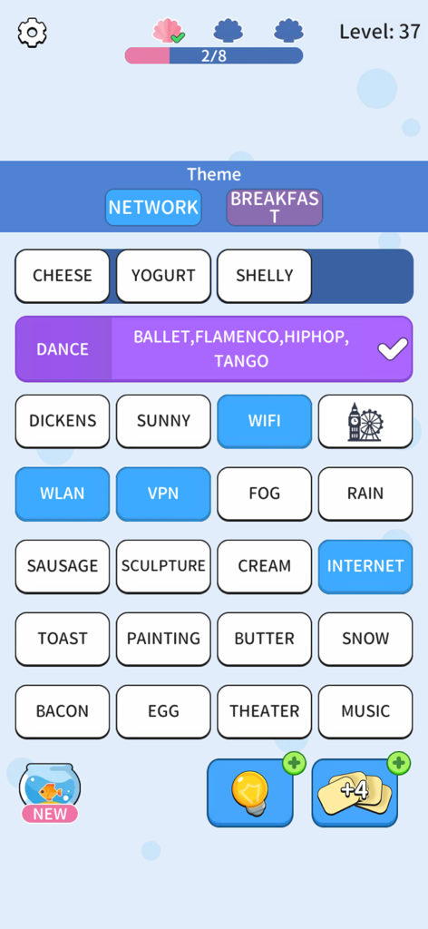 Association Sort -Connect Word - A word sorting puzzle game screen showing categorized tiles for themes like dance and network