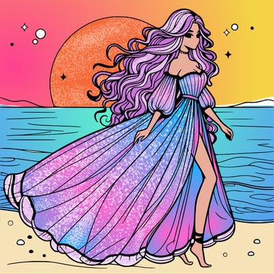 beautiful woman with a vaporous long dress walking on the beach at the noon, detailed art