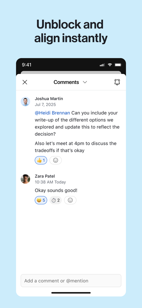 Airtable mobile app interface showing a real-time comment thread between team members.