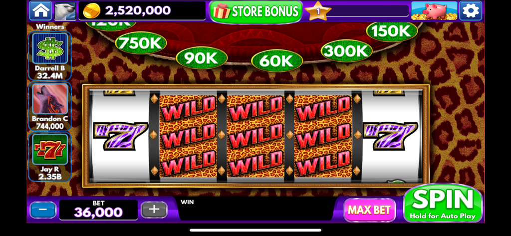 Spin Vegas Slots: VIP Casino - A leopard themed slot machine in Spin Vegas Slots featuring multiple wild symbols on the reels.
