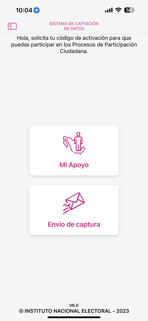 Menu principal de l'application INE Soutien Citoyen avec des icônes pour Mon Soutien et Envoyer Capture.