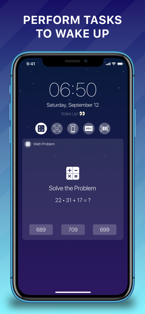 Smart Alarm Clock - Alarmer - Tela de smartphone mostrando uma tarefa de problema matemático no aplicativo Alarmer para acordar