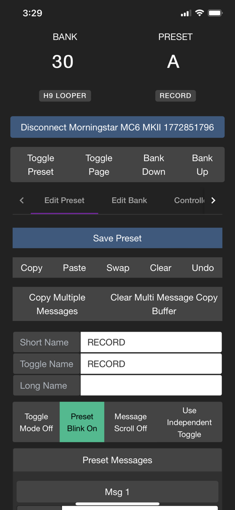 Morningstar MIDI Editor app interface showing the preset editing screen for a MIDI controller