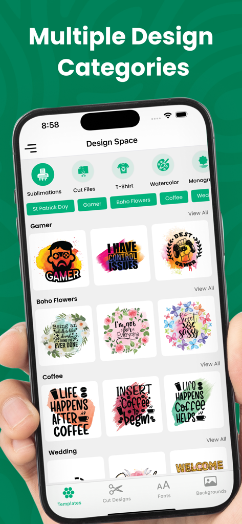 Sublimation Designer Printer - Interfaz móvil de la aplicación Sublimation Designer mostrando categorías de diseño para temas de gamers, flores bohemias y café.