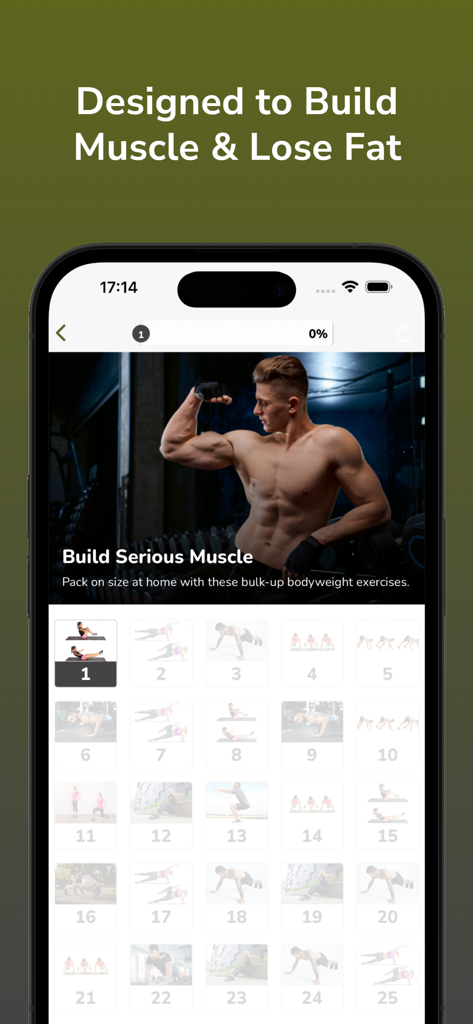 Pantalla de aplicación de fitness militar que muestra ejercicios con peso corporal para desarrollar músculo y perder grasa.