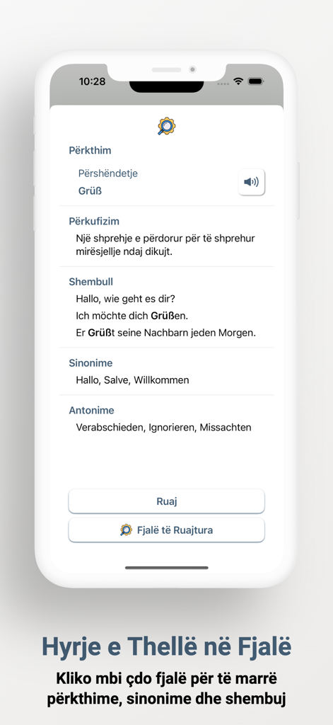 Vista detallada de una palabra en alemán con traducción, sinónimos y ejemplos en albanés.