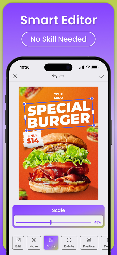 Mobile app screen showing the smart editor feature of Poster Maker with a burger promotion flyer template being edited.