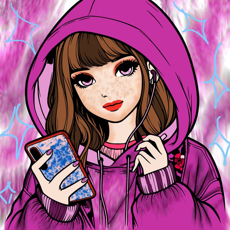 realistic girl with oversized hood and holding a phone