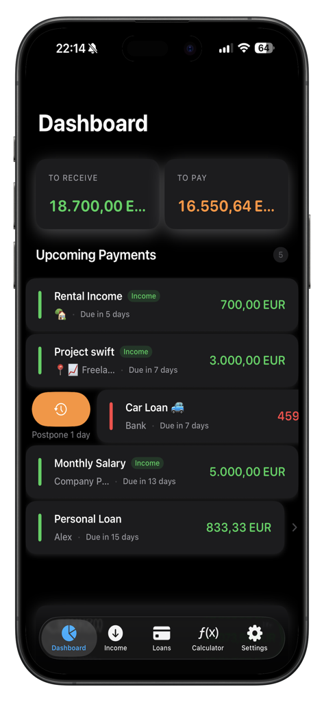 Ypsilon - Dashboard of the Ypsilon app showing upcoming income and loan payments with totals to receive and pay