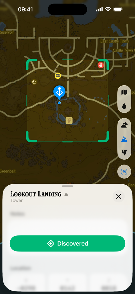 TotK Travel Guide - TotK Travel Guide app displaying the game map with a location marked as discovered