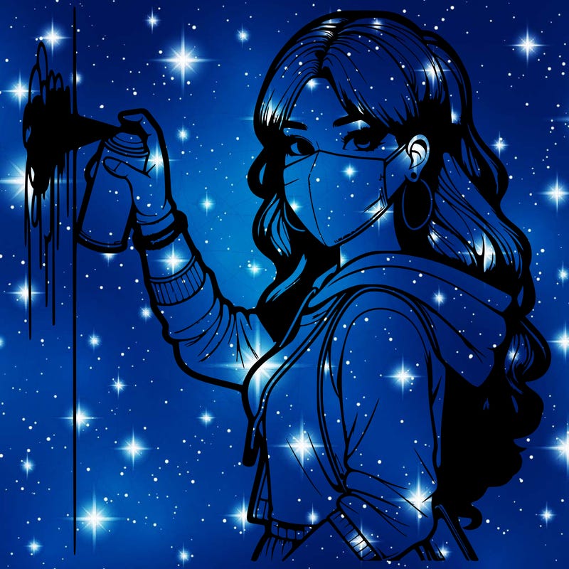 realistic girl with mask spray painting a wall