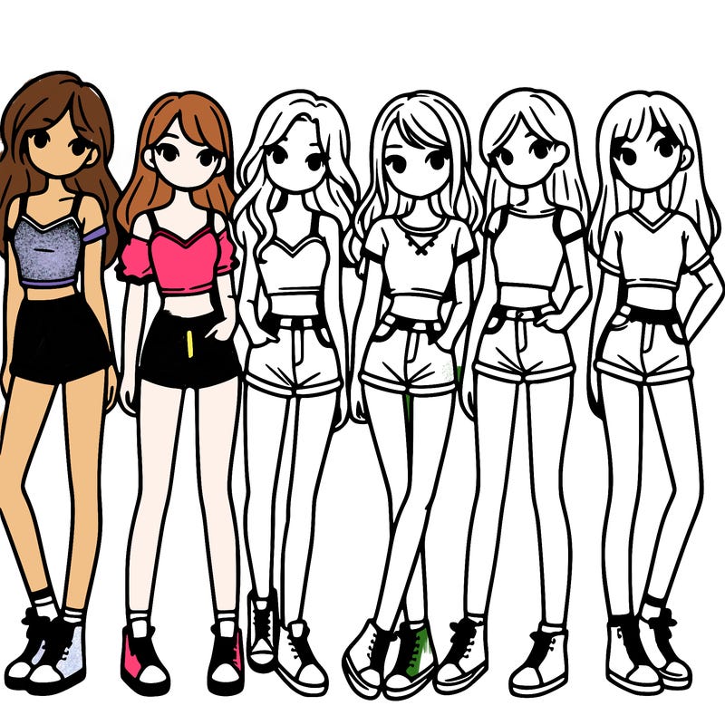 a group of girls wearing crop tops and shorts