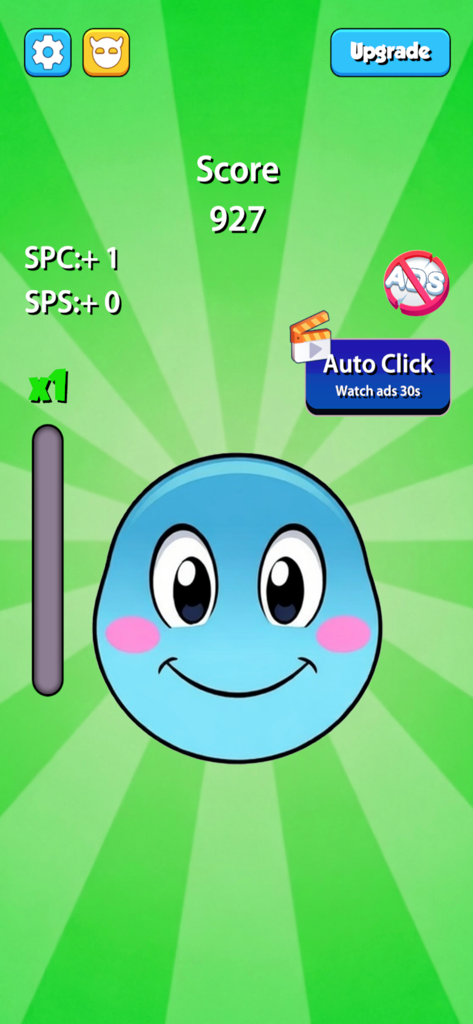Fun Clicker. - A screenshot of the Fun Clicker game featuring a smiling blue emoji and score interface