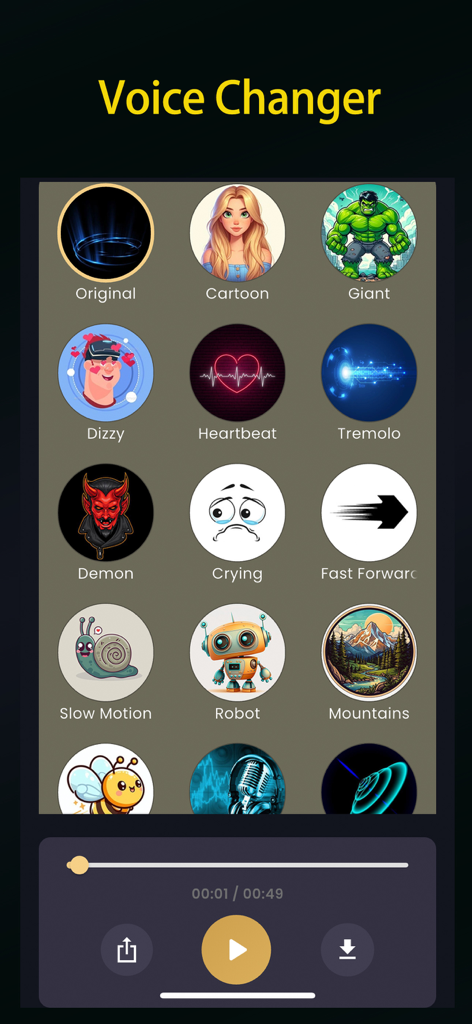 EchoVoice - Real Voice Cloning - EchoVoice App-Oberfläche, die eine Vielzahl von Stimmwechsel-Effekten und Audio-Wiedergabesteuerungen zeigt