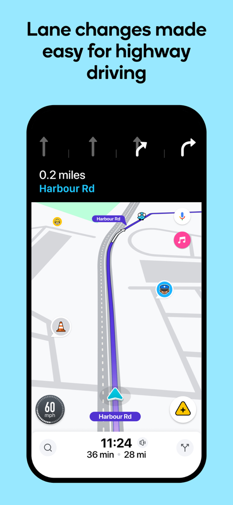Waze app screenshot showing lane guidance arrows and a real-time traffic map with hazard reports