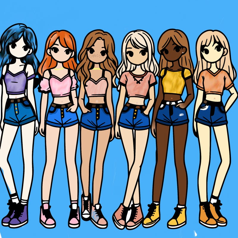 a group of girls wearing crop tops and shorts