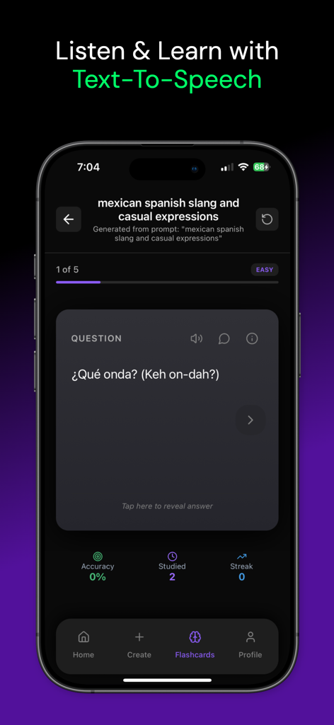 Interfaz de la aplicación Flashrecall mostrando una tarjeta de memoria en español con función de texto a voz