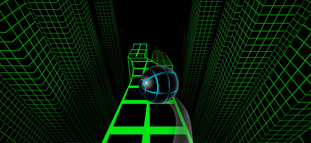 A neon ball rolling down a green grid path in a 3D techno environment
