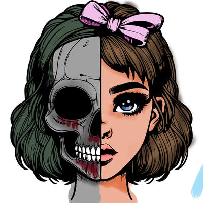 realistic girl with half skull mask