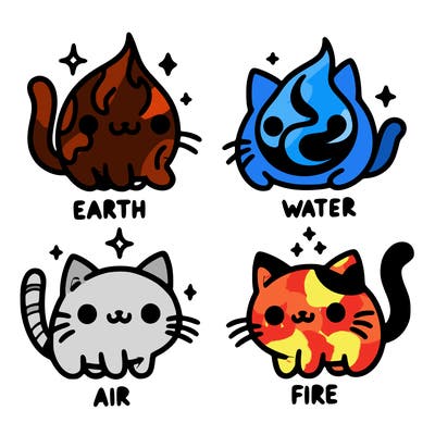 4 cats that represent the different elements, earth, water, air, and fire