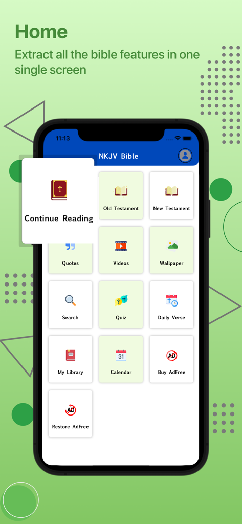 New King James Version - NKJV - Home screen of the New King James Version Bible app showing feature icons like Old Testament New Testament and Daily Verse