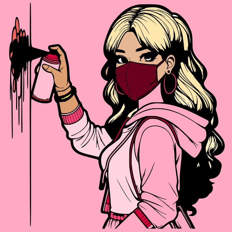 realistic girl with mask spray painting a wall