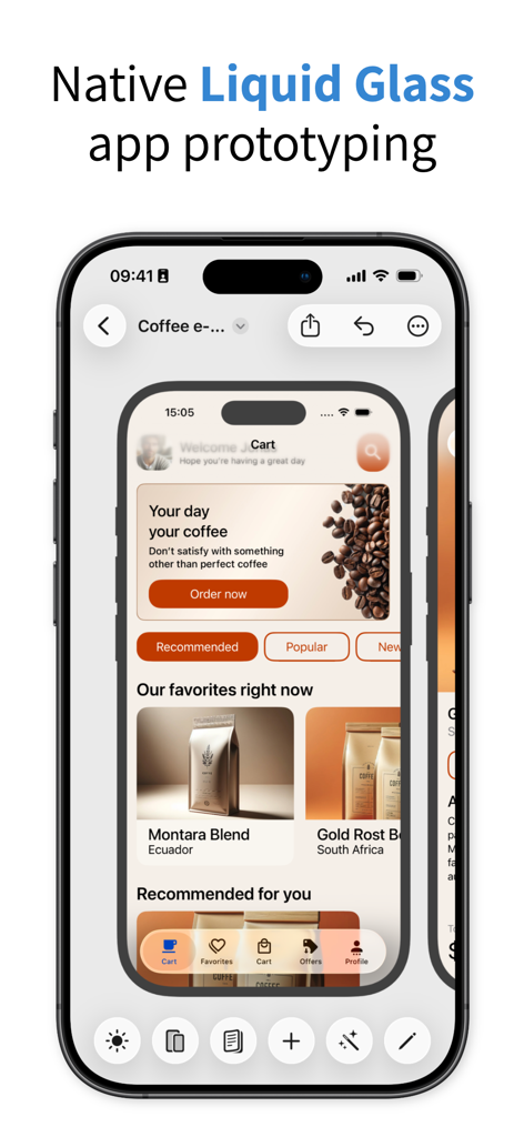 Pixelmost-App zeigt ein Mockup für ein Café mit nativem Liquid Glass UI-Design auf einem iPhone