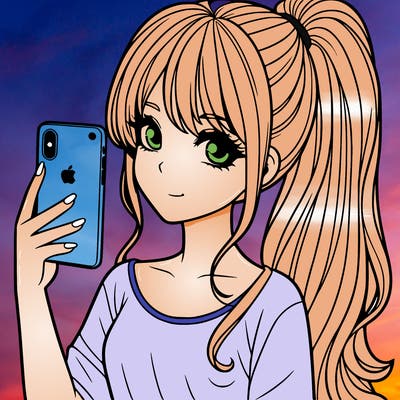 a realistic girl with a pony tail and a iphone