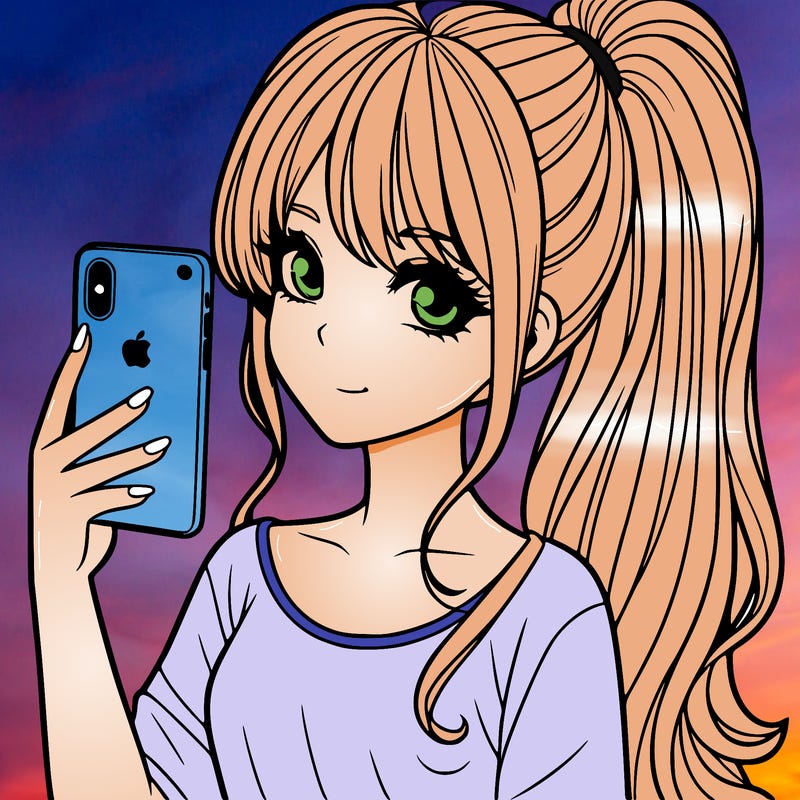a realistic girl with a pony tail and a iphone