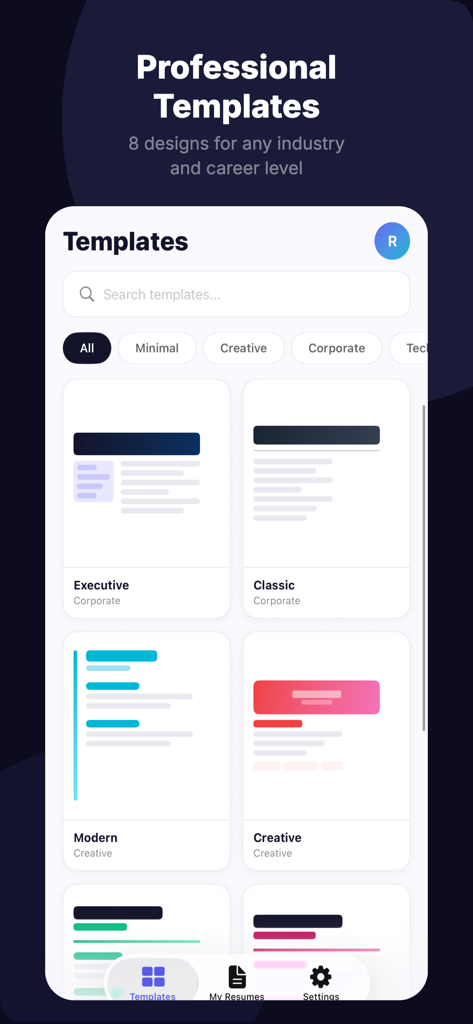 Mobile app interface displaying a variety of professional resume templates for different industries and career levels.