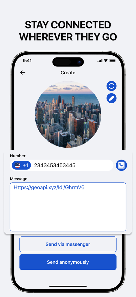Find My Friends Geo Location - A mobile interface for sharing a secure location tracking link via phone number with options to send via messenger or anonymously.