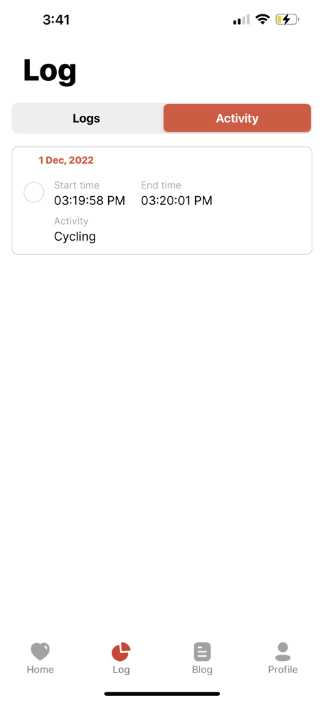 Activity log screen in the upBeat app showing a recorded cycling session