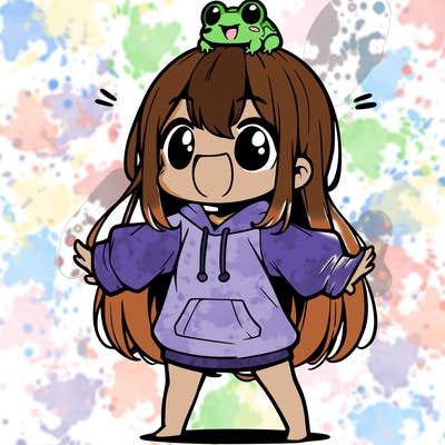 a excited chibi girl whith long hair and a baggy shirt whith a frog on there head