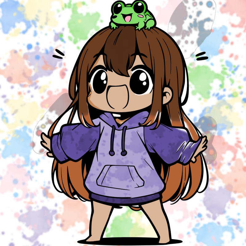 a excited chibi girl whith long hair and a baggy shirt whith a frog on there head