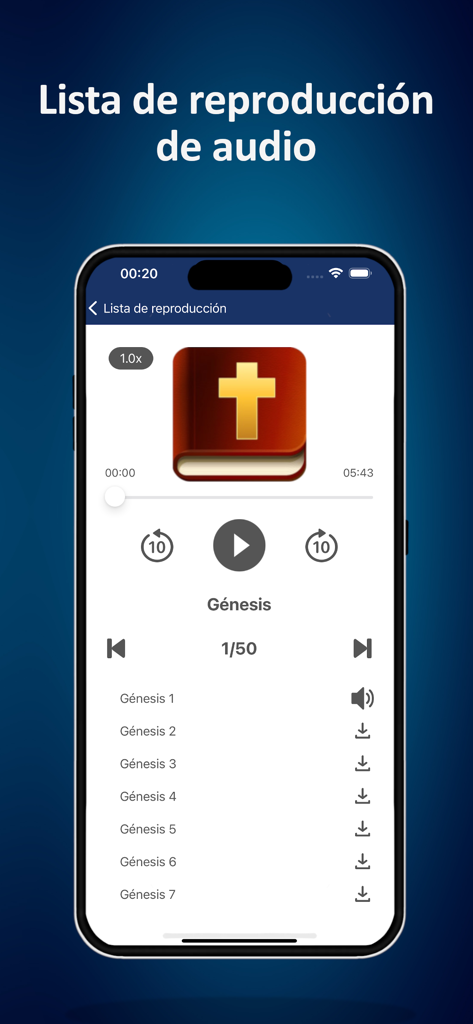 Interfaz del reproductor de audio de la aplicación Biblia Reina Valera que muestra los capítulos de Génesis.