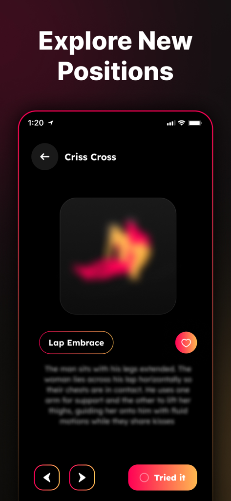 Couple Questions Games: SpicyQ - Interfaz de la aplicación móvil SpicyQ que muestra la función Explorar Nuevas Posiciones con la descripción de la posición Abrazo de Regazo