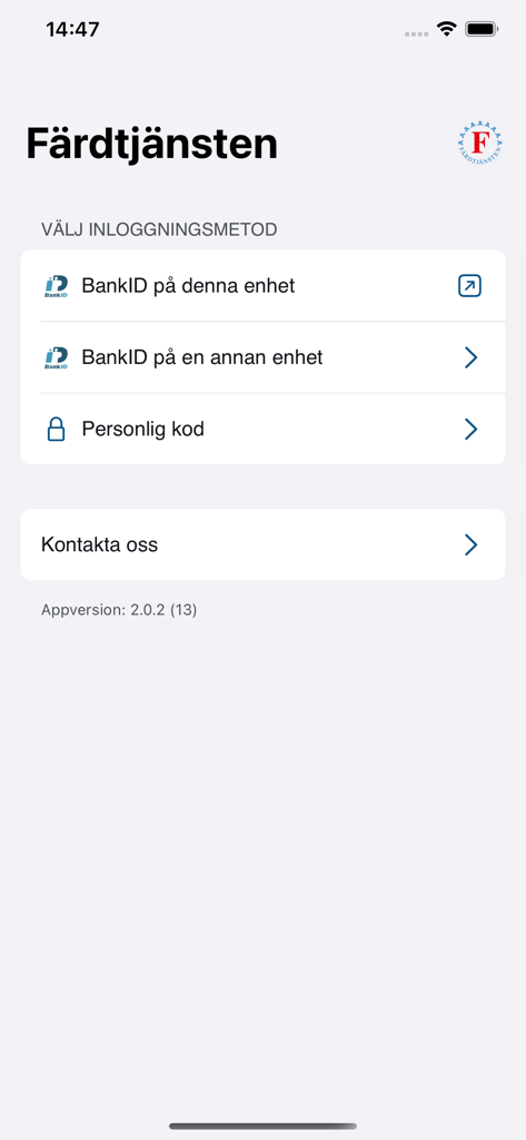 Login screen for the Fardtjansten Stockholm app showing BankID and personal code options.