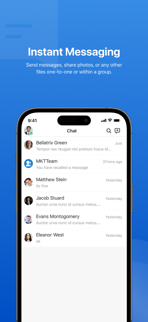Instant messaging chat list in the Yeastar Linkus Mobile Client app showing conversations with team members.