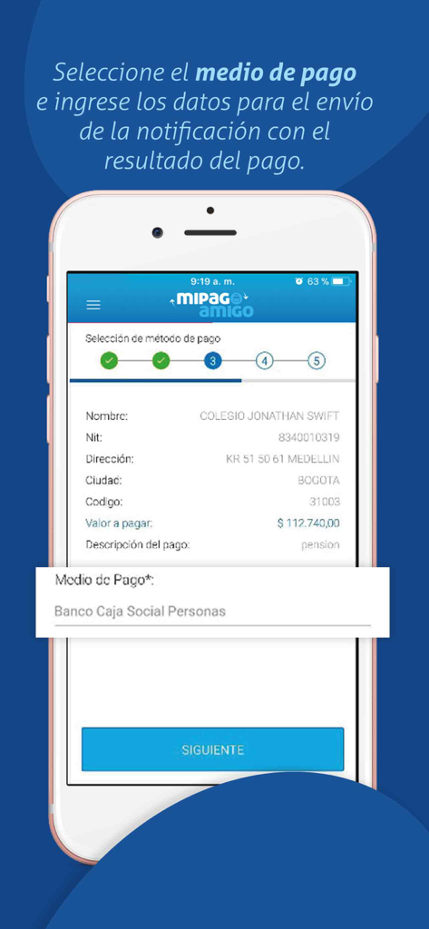 mipagoamigo - Pantalla móvil de la aplicación mipagoamigo mostrando los detalles de pago de una factura escolar en Colombia